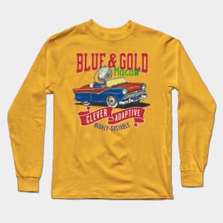 Funny and cute African Blue & Gold Macaw bird driving a classic vintage car with red white and blue flags tee Long Sleeve T-Shirt